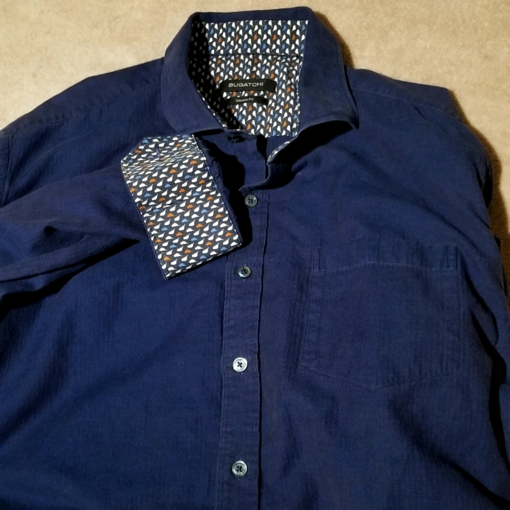 Bugatchi Mens L Button Up Long Sleeve One Pocket  Blue Birds Print Classic Fit